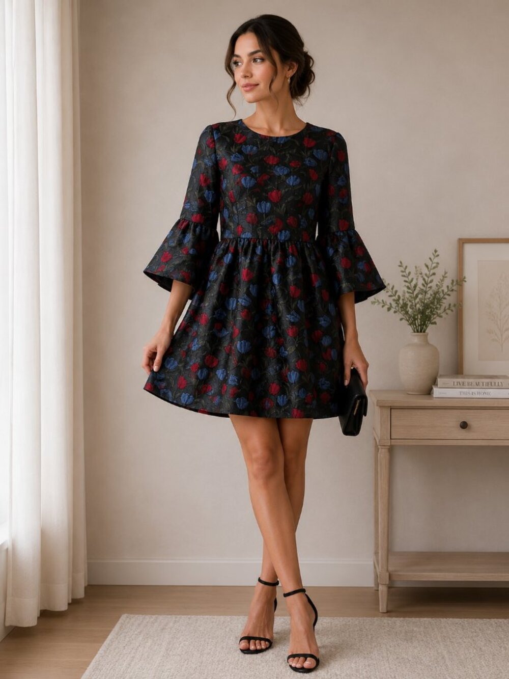 Alice + Olivia Black Floral Jacquard Babydoll Dress with Red & Blue Tulips - Picture 1 of 12